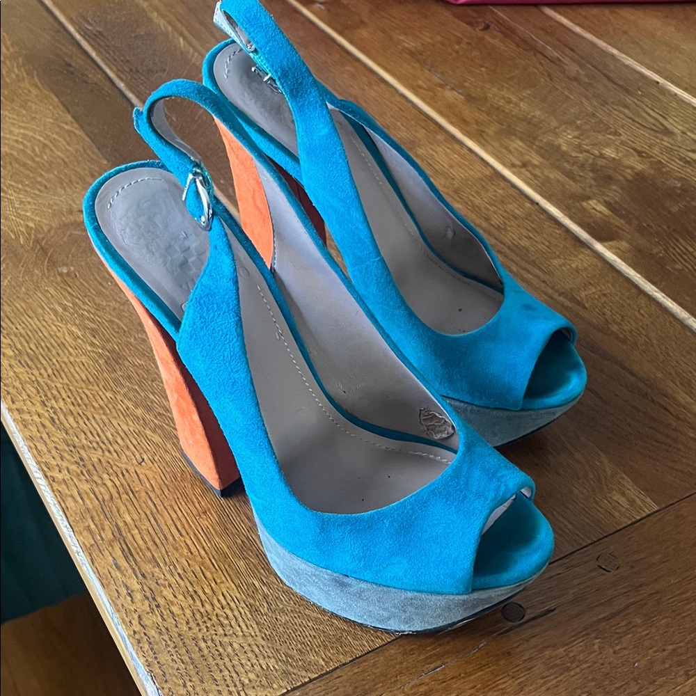 Vince Camuto Blue and Orange Platform Slingbacks